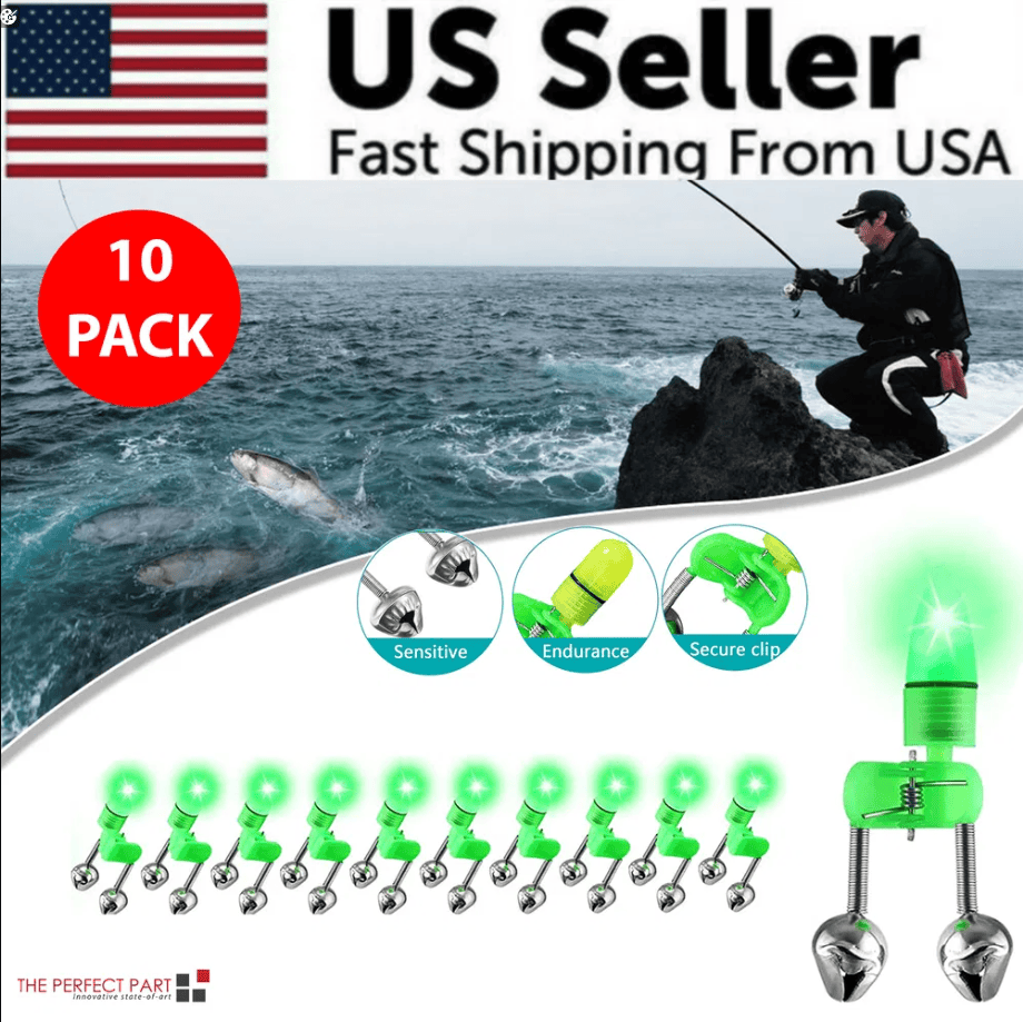 Fish Alert 10 40 PC LED Night Fishing Bite Bait Alarm 2 Bells Light Rod Tip Clip ...